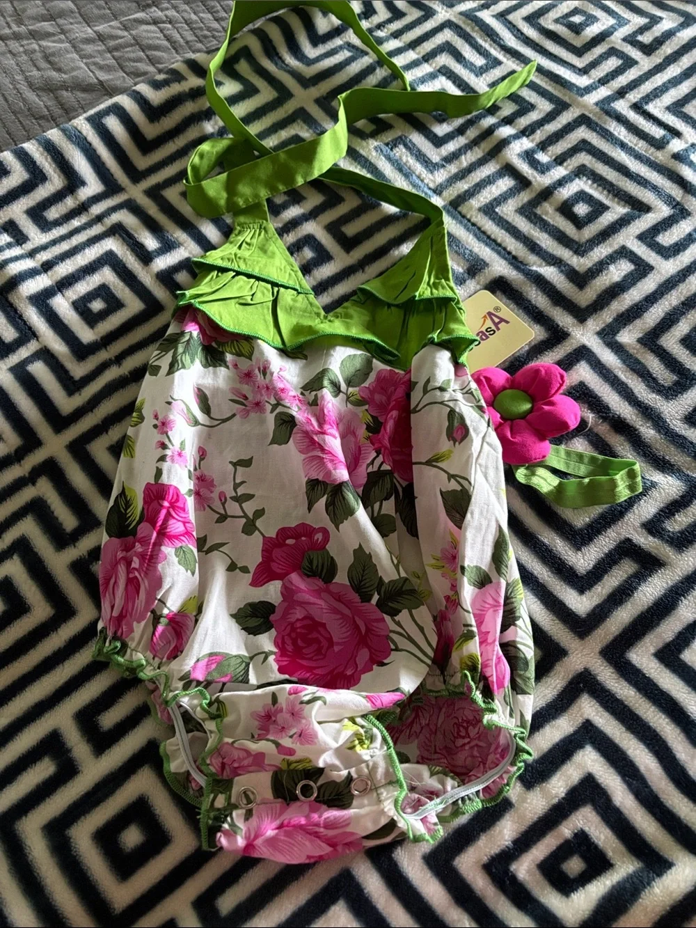 White Floral Halter Romper with Pink Roses and Green Trim
